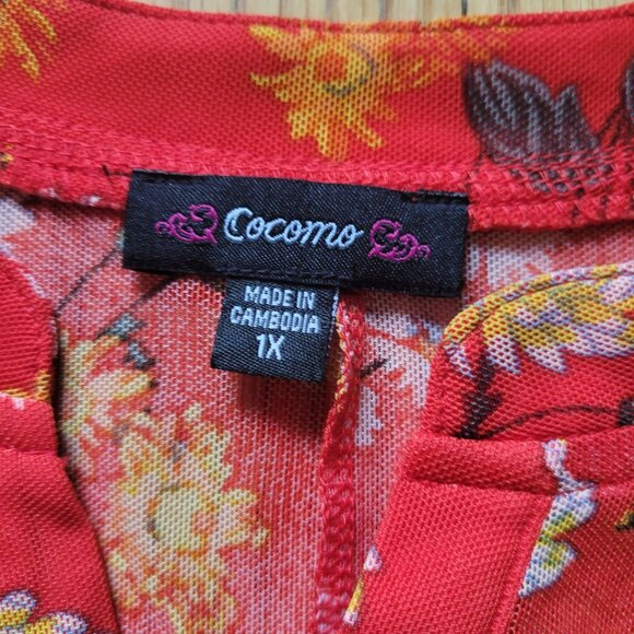 Cocomo Womens Floral Long Sleeve Blouse 1X Orange Yellow Pink Button-Front Top - Picture 5 of 7